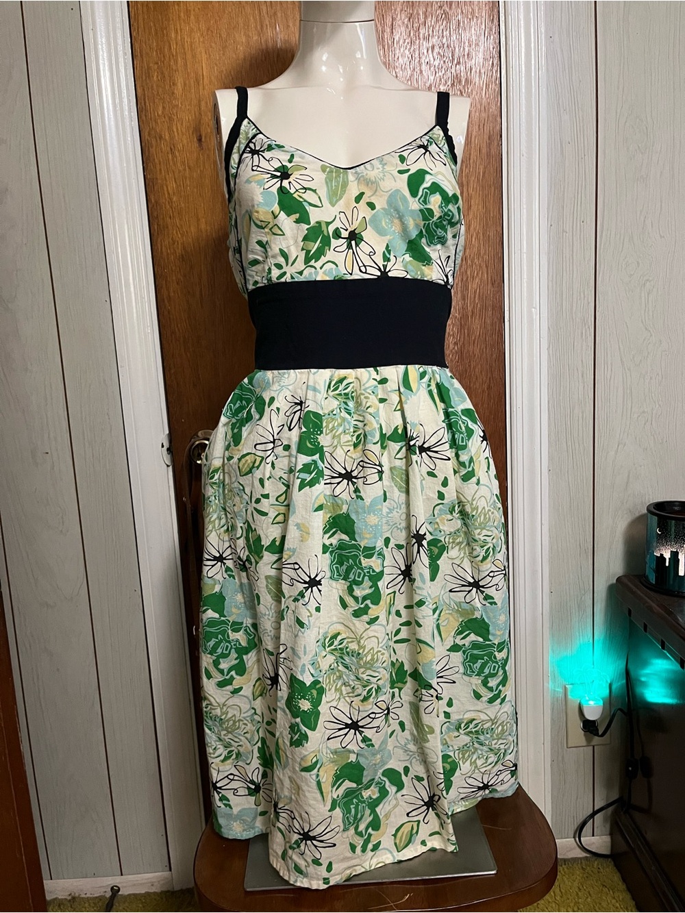 Green Floral Midi Dress with Black Waistband
